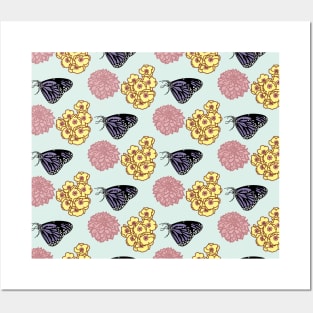 Girly Butterfly and Yellow and Pink Flower Pattern by Courtney Graben Posters and Art